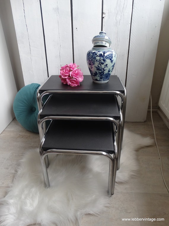 Lebber vintage® - Vintage Mimiset black vegan leather, nesting tables, table set. Or per piece.