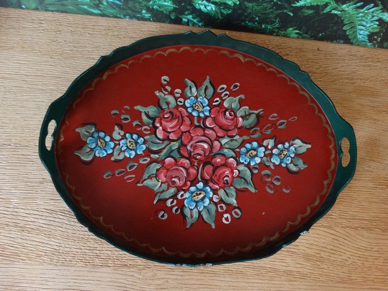 Lebber vintage® Hindeloopen hand-painted tray, folk art tray, hand-painted tray, Frisian tray, Hindeloopen tray, Vintage Friesland Green/red oval