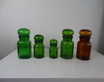 Apothecary jar with round loose cap, green glassware 1970s | Drugstore storage jars, vintage green glass.