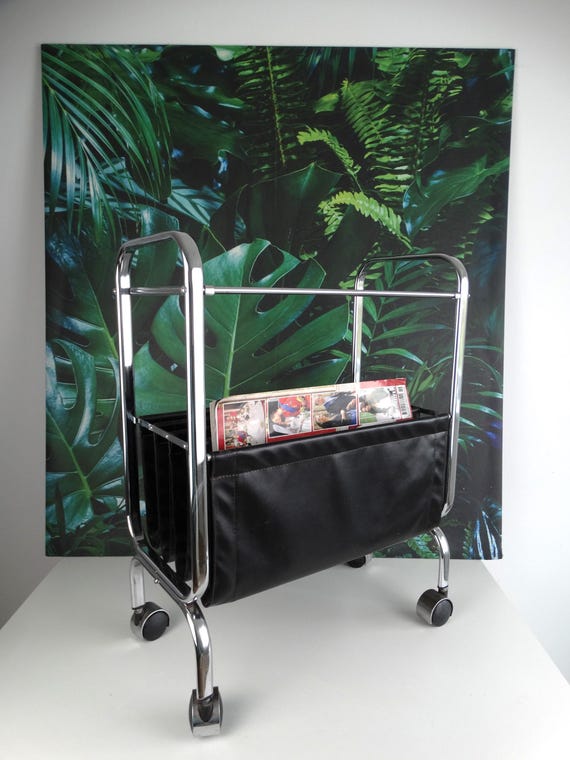Lebber vintage® - Vintage Danish magazine rack, chrome tubular frame with faux leather hanging files!