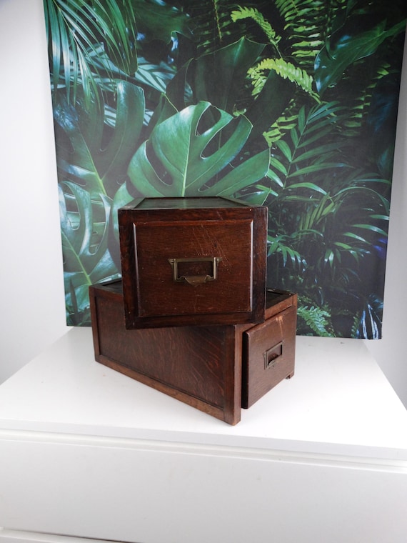 Antique Oak File Box Index Card Wooden Chest With Drawer Storage Industrial Office Studio Library Hardware Small Wooden Chest With Drawer