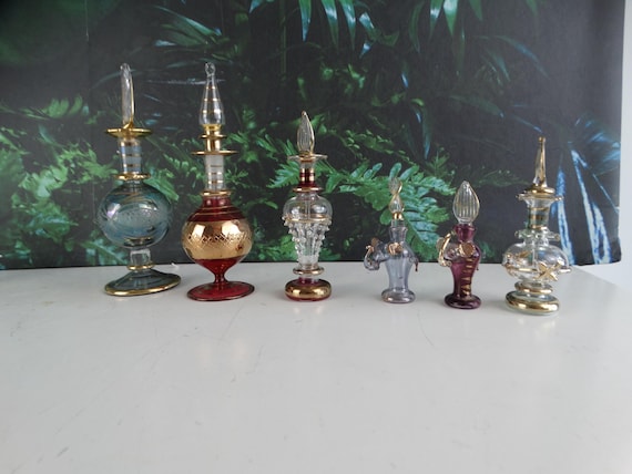 Lebber vintage® - Set of six vintage Egyptian hand-blown glass perfume bottles decorative 14k gold, Egyptian oil glass bottle.