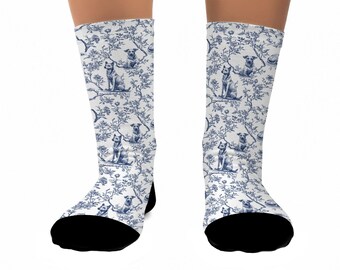 Belgian Malinois Blue Chinoiserie Crew Socks, Dog Owners Toile De Jouy Motif, Unisex Comfy Footwear Fit, Great Present For Pet Lovers