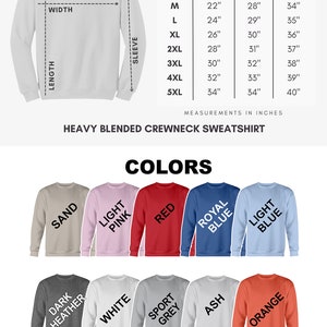 May include: Gildan 18000 Size Chart for a heavy blended crewneck sweatshirt. The chart shows sizes from S to 5XL with corresponding width, length, and sleeve measurements in inches. The image also shows a variety of colors for the sweatshirt, including sand, light pink, red, royal blue, light blue, dark heather, white, sport grey, ash, orange, purple, black, navy, forest green, and military green.
