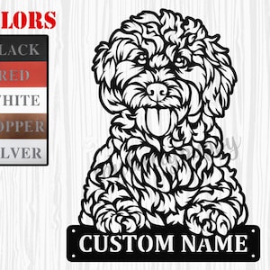 May include: Black metal silhouette of a dog with curly fur, sitting with its paws crossed. The dog has a tongue sticking out and a nameplate below that says "CUSTOM NAME".