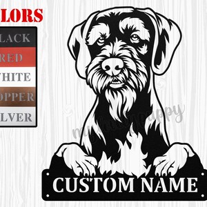 May include: Black and white silhouette of a dog with a nameplate that says "CUSTOM NAME". The dog is sitting with its paws on the nameplate. The image is on a woodgrain background. The colors available are black, red, white, copper, and silver.