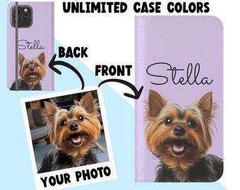 Custom Pet Portrait Colored Phone Case, Flip Cases for Dog Lovers, iPhone Samsung Faux Leather Case, Personalised Pet Loss Memorial Gift