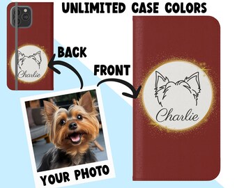 Custom Pet Portrait Colored Phone Case, Flip Cases for Dog Lovers, iPhone Samsung Faux Leather Case, Personalised Pet Loss Memorial Gift