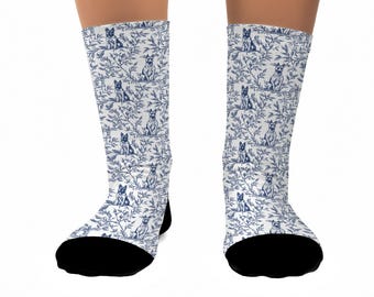 Belgian Malinois Blue Chinoiserie Crew Socks, Working-Dog Toile De Jouy Motif, Unisex Comfy Footwear Fit, Great Present For Malinois Parents