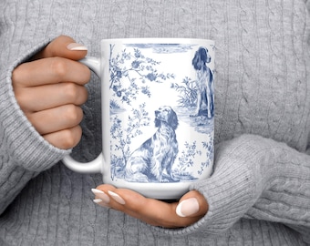 Englisch Setter Französisch Toile De Jouy Becher, Individuelle Hundemama Trinkgefäße, Blaue Chinoiserie Haustierliebhaber Geburtstagsgeschenk, Welpen Fell Eltern Kaffeetasse