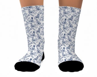 Belgian Malinois Blue Chinoiserie Crew Socks, Dog Owners Toile De Jouy Motif, Unisex Comfy Fit, Pet Lover Gift For Malinoid Parents And Fans