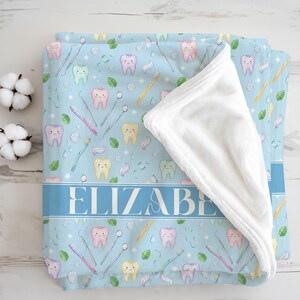 Custom Name Dental Blanket, Blue Tooth Baby Blanket, Personalized Dentist Nursery Gift For Boy / Girl, Cute Tooth Pattern Keepsake