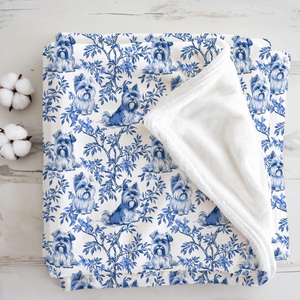 Yorkshire Terrier Toile De Jouy Blanket, Blue Chinoiserie Yorkie Mom Throw Dog Lovers Gift, New Puppy Owner Present Pet Lover Home Decor
