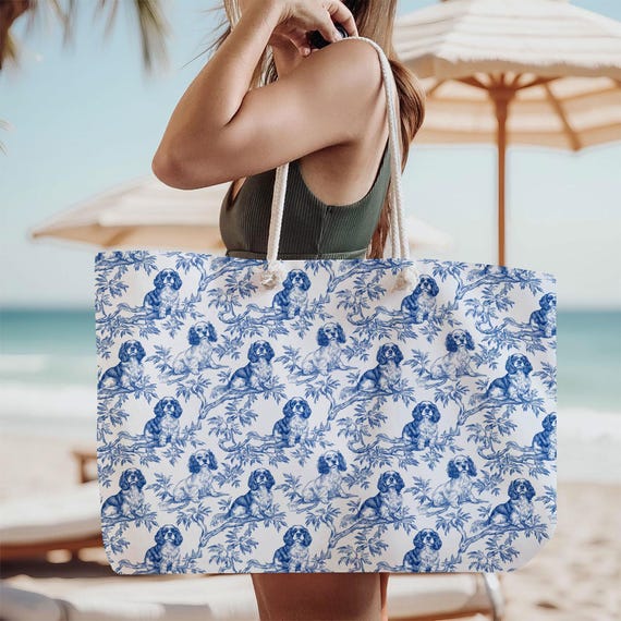 Cavalier King Charles Spaniel Toile De Jouy Weekender Bag, Blue