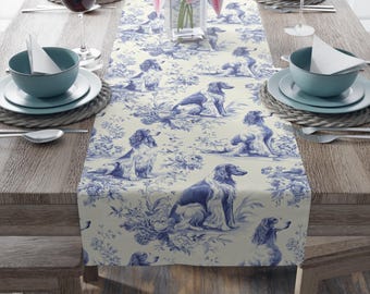 German Longhaired Pointer French Toile Pattern Table Runner, Blue Chinoiserie Dog Dining Table Decor, Table Runner Gift For Dog Lovers