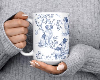 Épagneul Breton, toile de Jouy, mug personnalisé chien maman verres, chinoiseries bleues, amoureux des animaux de compagnie, cadeau d'anniversaire, nouveau chiot, fourrure, parent, tasse à café