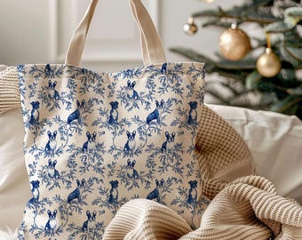 Boston Terrier Blau Chinoiserie Dog Mom Klassische Einkaufstasche, Toile De Jouy Alltags-Tasche, geräumige Einkaufstasche, stilvolle Boston Moms Haustierliebhaber