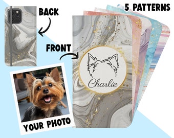 Custom Pet Portrait Colored Phone Case, Flip Cases for Dog Lovers, iPhone Samsung Faux Leather Case, Personalised Pet Loss Memorial Gift