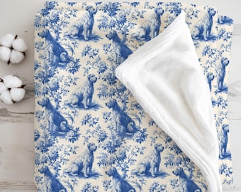 Irish Wolfhound Blue Chinoiserie Toile De Jouy Fleece Blanket, Custom Dog Blanket For Dog Moms & Dads, Sofa Or Bed Throw, Soft Sherpa Throw