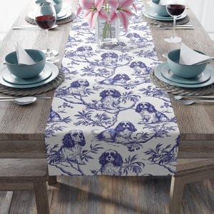 Cavalier King Charles Spaniel Blue Toile De Jouy Table Runner, French Chinoiserie Dining Table Decor, Classic Dog Lover Table Linen Gift