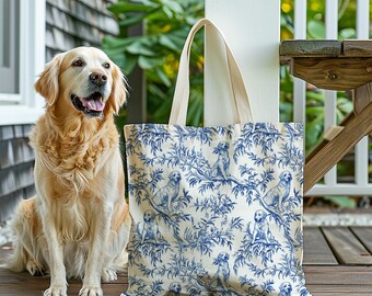 Golden Retriever Blue Chinoiserie Dog Mom Classic Tote Bag, Toile De Jouy Everyday Tote Pet Lover Gift, Large Holiday Shopping Bag for Her)