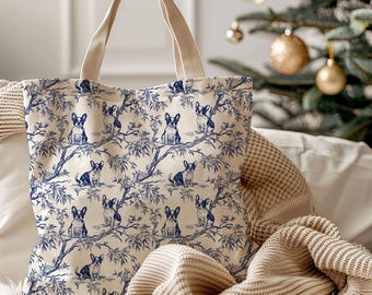 Boston Terrier Blau Chinoiserie Dog Mom Klassische Einkaufstasche, Toile De Jouy Alltags-Tasche, Stilvolle Boston Moms Haustierliebhaber, geräumige Einkaufstasche