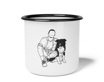 Personalized Man With Dog Custom Portrait Father's Day Enamel Camp Cup, Drawing Art for Dog Owner Camping Mug, Grandpa Birthday Drinkware
