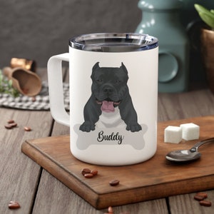 パーソナライズされたアメリカンブリー断熱コーヒーマグ、犬の飼い主のポートレートマグ、アメリカンブリーの飼い主のカスタム犬マグ、追悼記念ギフト