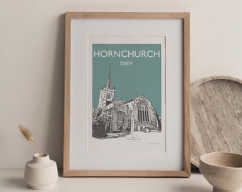 Hornchurch Essex East London A4 Travel Poster teal (grey green colour) Unframed
