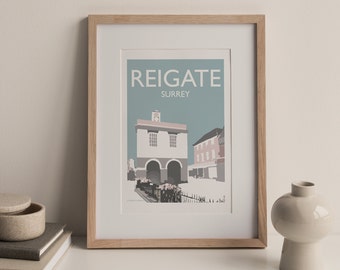 Reigate High Street Surrey Redhill England UK A4 travel poster print (muted blue pink grey colours) unframed