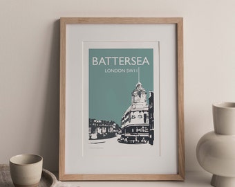 Battersea London SW11 A3 Fine Art Travel Print - TEAL (unframed)