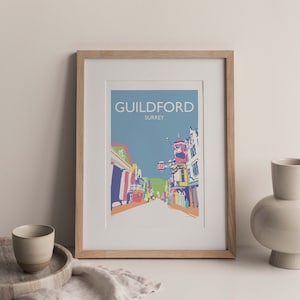 Guildford High Street Bright Colours A3 Poster, Surrey print, English Wall Art, Poster illustration, Fine Art print, unframed