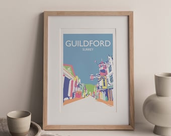Guildford High Street Bright Colours A3 Poster, Surrey print, English Wall Art, Poster illustration, Fine Art print, unframed