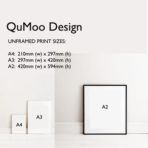 May include: Three framed prints of varying sizes, labelled A4, A3, and A2, are shown against a white wall. The A2 print is in a black frame. Text at the top reads "QuMoo Design" and lists unframed print sizes in mm.