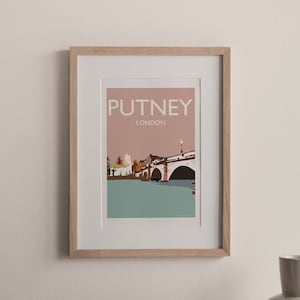 Putney London A3 Reisedruck, Reiseposter, South West London Suburb, London Borough Wandswertiger Ort, Stadtmitte, Brücke, Themse (nicht gerahmt)