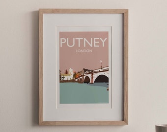 Putney London A3 travel print, travel poster, South West London suburb, London Borough Wandsworth, town centre, bridge, thames (not framed)