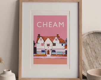 Cheam Village Whitehall Print, Pink Minimalist Tudor House Art (A4 Unframed)