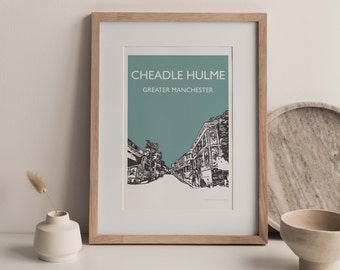 Cheadle Hulme Greater Manchester Travel Poster A4 (green grey teal colour) (unframed)