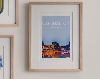 Carshalton London Travel Print, Modern Vintage Landscape Art, Sutton Village (A4 Unframed)
