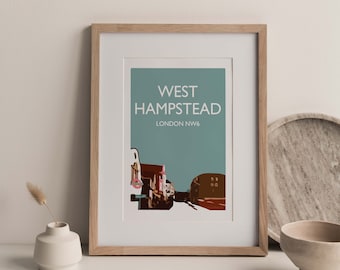 West Hampstead West End Lane, London NW6 A4 travel print (green grey teal colour)