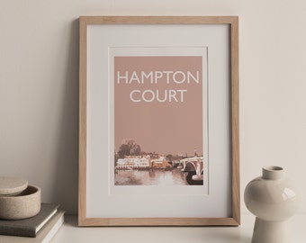 May include: A framed print with a pink background featuring a cityscape with a bridge and the text "HAMPTON COURT" in white.