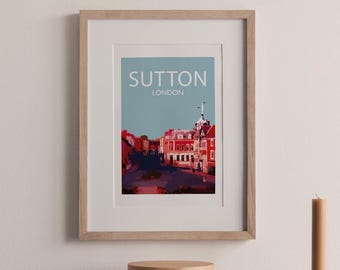 Sutton London Travel Print, Vintage Style Art, South London Illustration (A4)