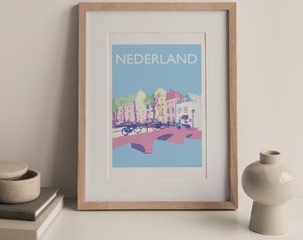 Netherlands Poster, Nederland Canal print, Dutch Wall Art, Poster illustration, Den Haag, Art print, Amsterdam, The Hague (not framed)