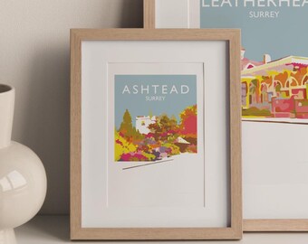 Ashtead Surrey Fine Art Travel Print | St Giles Church Vintage Style Wall Art Poster