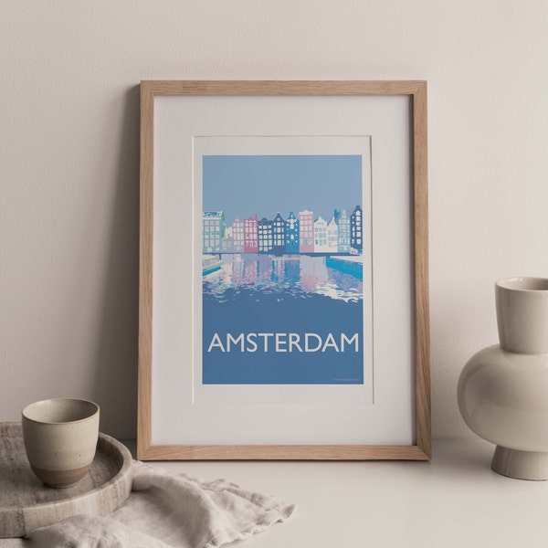 Affiche de voyage A4 d'Amsterdam, art mural néerlandais, illustration des Pays-Bas, impression d'art, impression Nederland, affiche de voyage, Damrak (sans cadre)