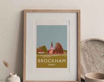 Brockham Green Surrey Art Print, Village Church Travel Poster, English Countryside Wall Art