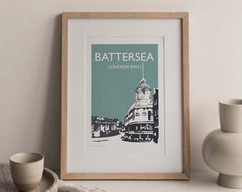 Battersea London SW11 A4 travel poster print (teal - grey/green colour) (unframed)