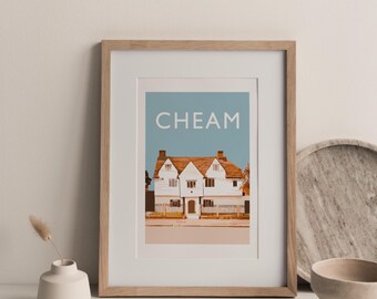 Cheam Village Print, Historic Whitehall Tudor House, Blue Minimalist Fine Art Travel Print (A4)