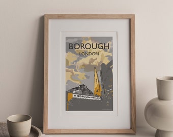 Borough Market London A4 print, travel poster, Southwark, London Borough Southwark, Shard London Bridge, Shard Quarter, London (unframed)