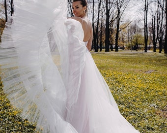 Playful Light Pink Wedding Gown /Lightweight Boho Summer Wedding Dress with Ivory Tulle Skirt and Fine Straps